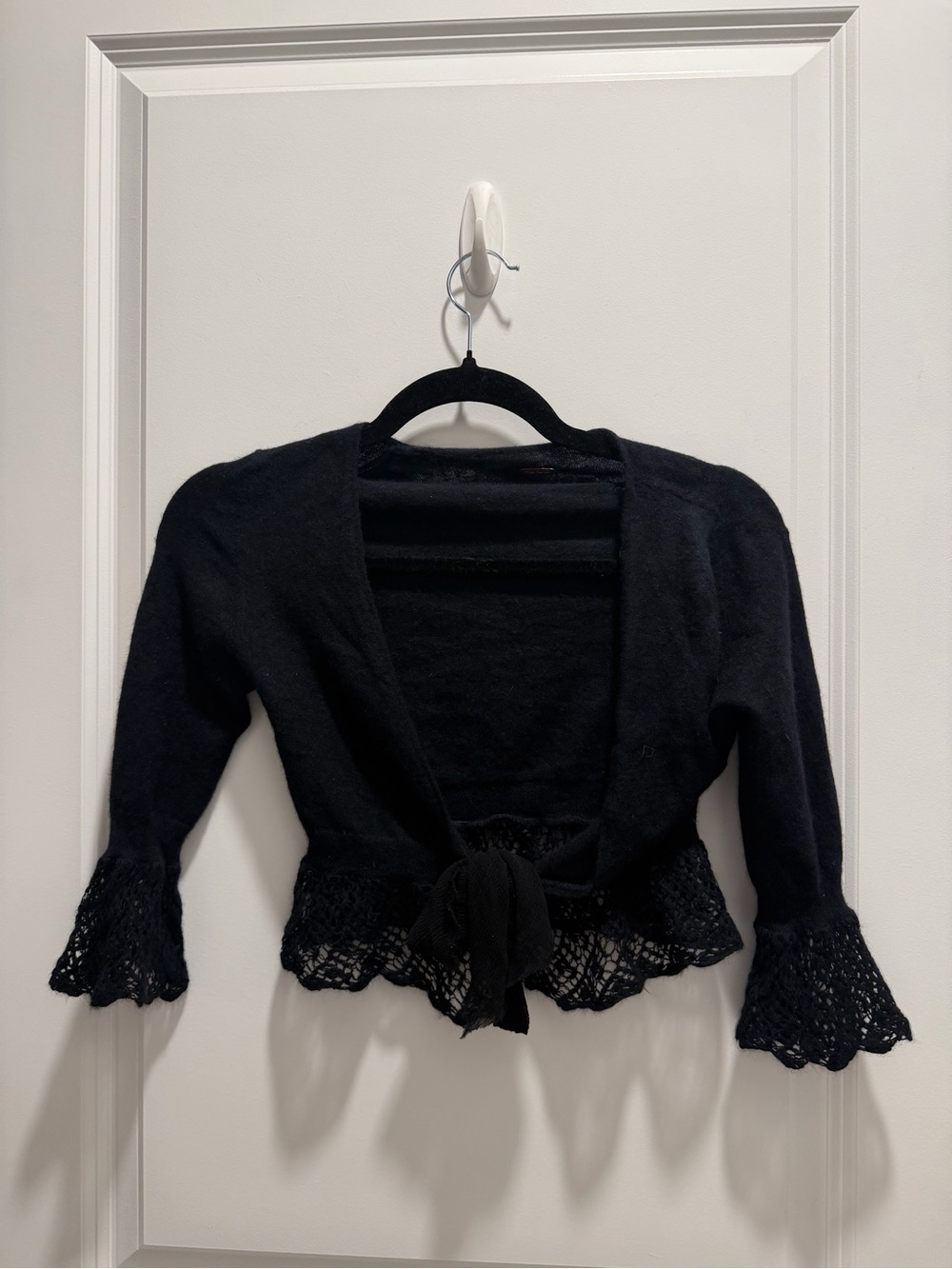 Free People Black Crochet-Hem Angora Rabbit Tie Front Cardigan